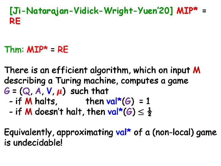 [Ji-Natarajan-Vidick-Wright-Yuen’ 20] MIP* = RE 