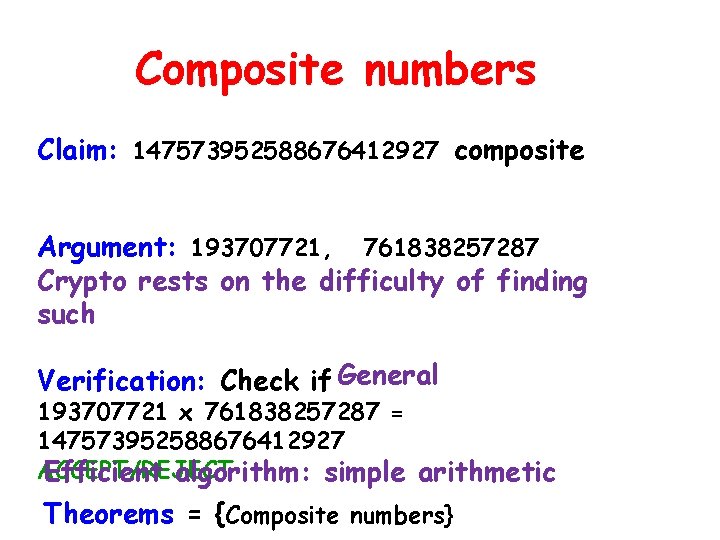 Composite numbers Claim: 147573952588676412927 composite Argument: 193707721, 761838257287 Crypto rests on the difficulty of