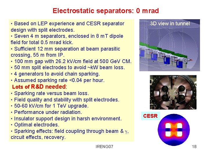 Electrostatic separators: 0 mrad • Based on LEP experience and CESR separator design with