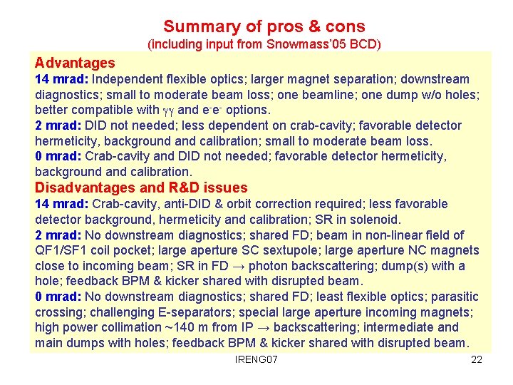 Summary of pros & cons (including input from Snowmass’ 05 BCD) Advantages 14 mrad: