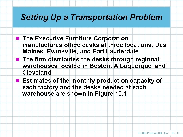 Setting Up a Transportation Problem n The Executive Furniture Corporation manufactures office desks at
