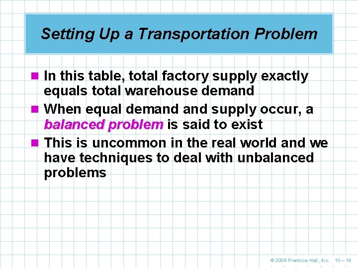 Setting Up a Transportation Problem n In this table, total factory supply exactly equals
