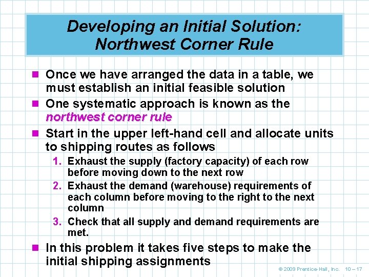 Developing an Initial Solution: Northwest Corner Rule n Once we have arranged the data