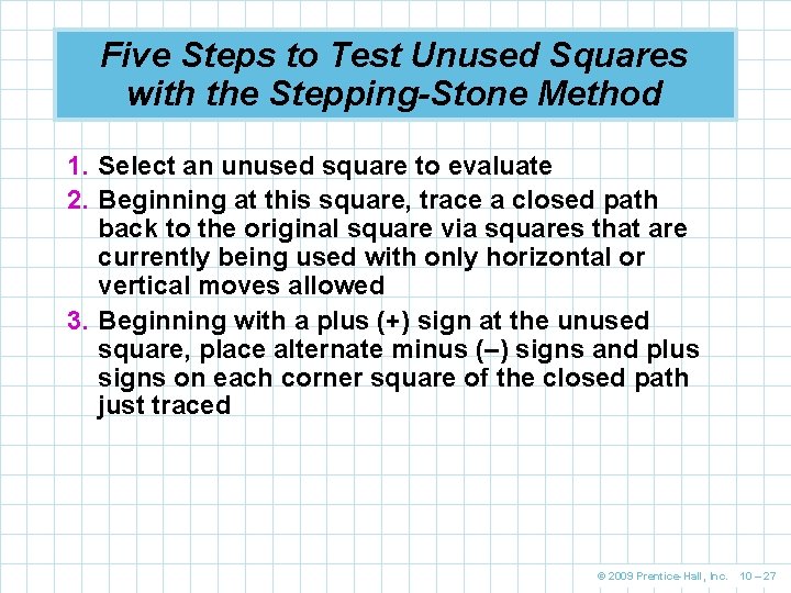 Five Steps to Test Unused Squares with the Stepping-Stone Method 1. Select an unused