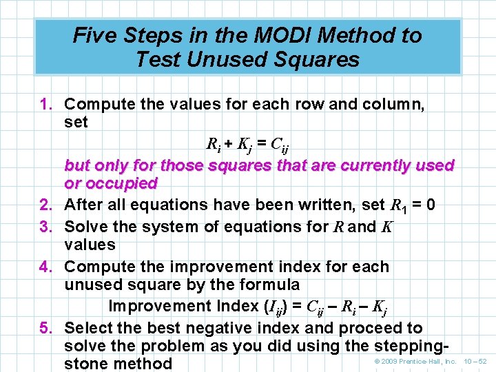 Five Steps in the MODI Method to Test Unused Squares 1. Compute the values