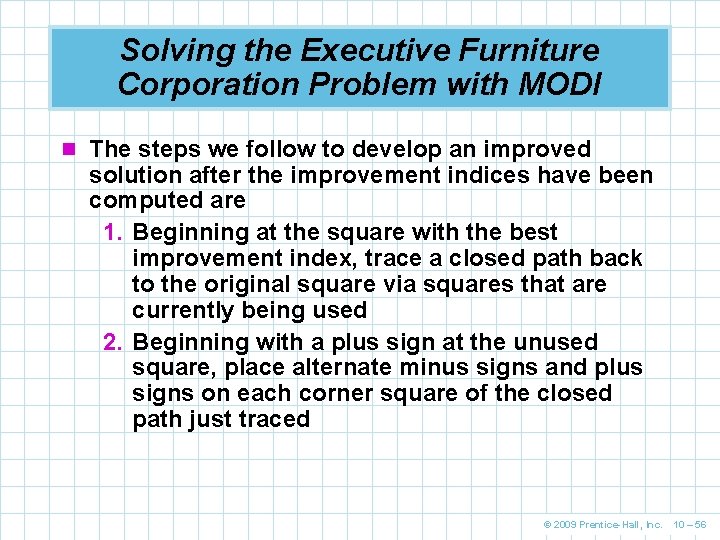 Solving the Executive Furniture Corporation Problem with MODI n The steps we follow to