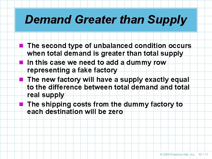 Demand Greater than Supply n The second type of unbalanced condition occurs when total