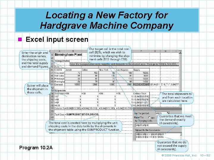 Locating a New Factory for Hardgrave Machine Company n Excel input screen Program 10.