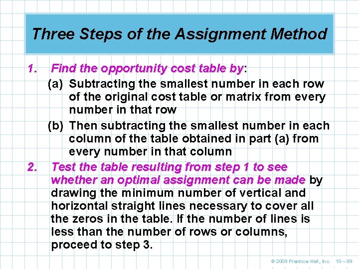 Three Steps of the Assignment Method 1. Find the opportunity cost table by: by