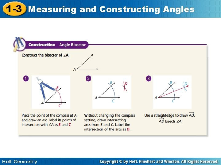 1 -3 Measuring and Constructing Angles Holt Geometry 