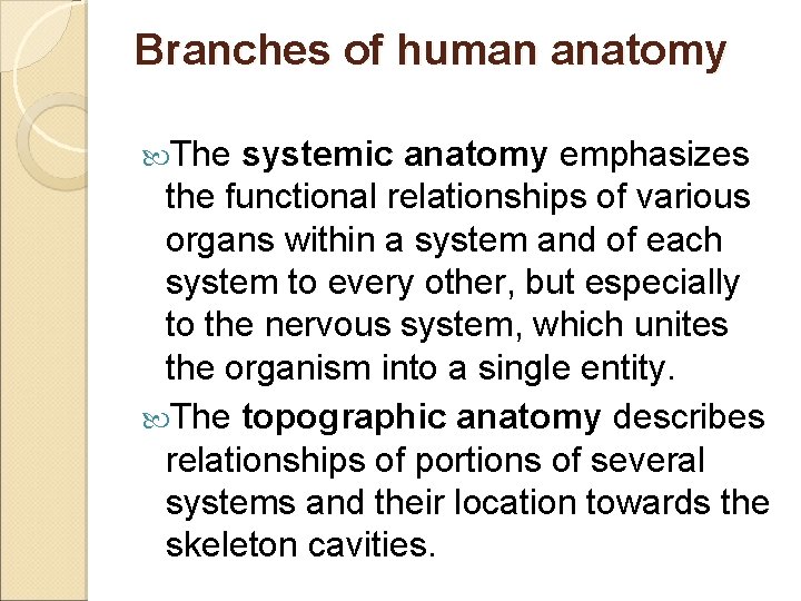 Branches of human anatomy The systemic anatomy emphasizes the functional relationships of various organs