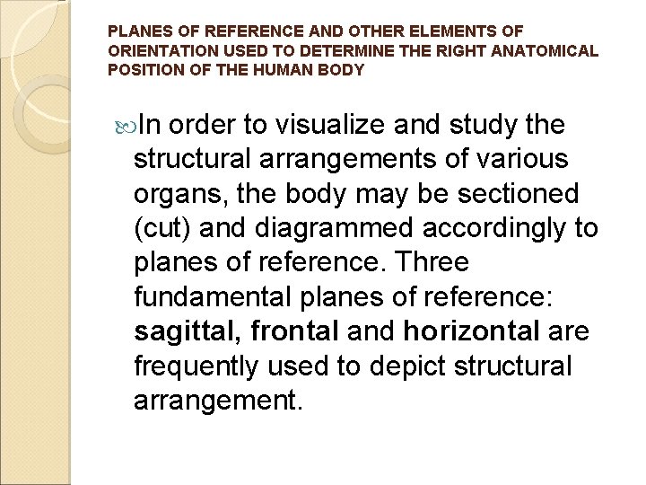 PLANES OF REFERENCE AND OTHER ELEMENTS OF ORIENTATION USED TO DETERMINE THE RIGHT ANATOMICAL