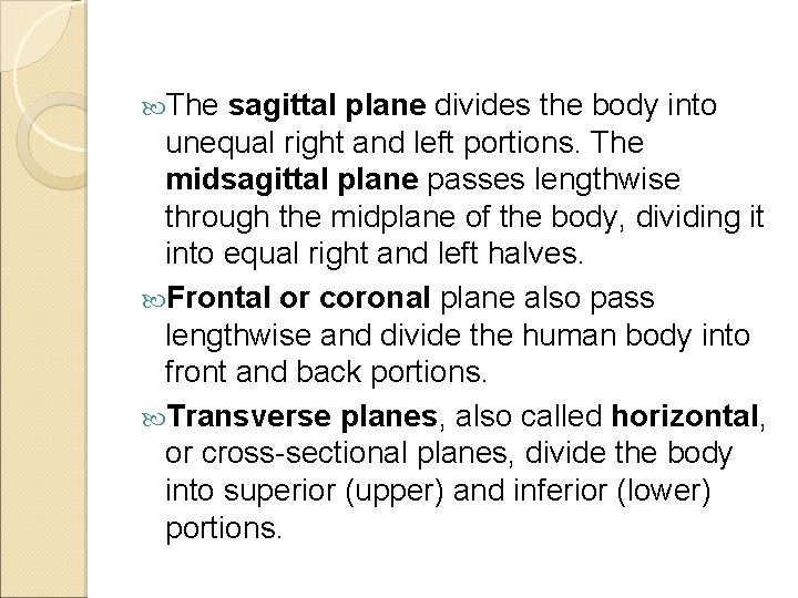  The sagittal plane divides the body into unequal right and left portions. The
