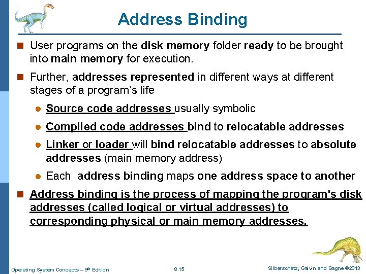 Address Binding n User programs on the disk memory folder ready to be brought