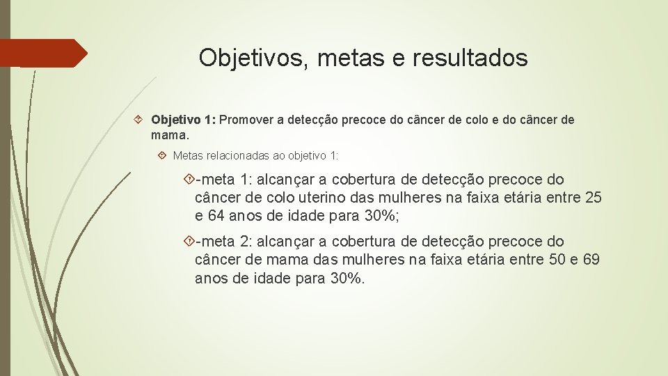 Objetivos, metas e resultados Objetivo 1: Promover a detecção precoce do câncer de colo