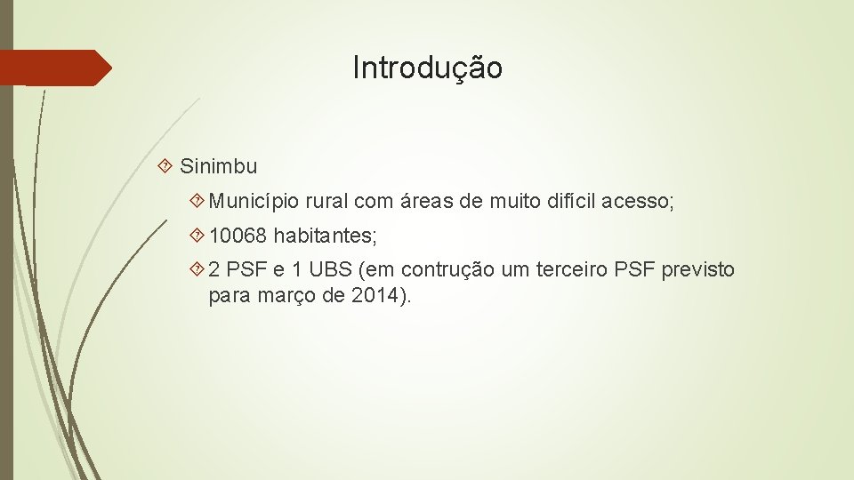 Introdução Sinimbu Município rural com áreas de muito difícil acesso; 10068 habitantes; 2 PSF