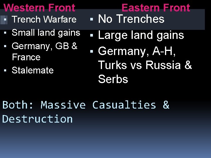 Western Front ▪ Trench Warfare ▪ Small land gains ▪ Germany, GB & France