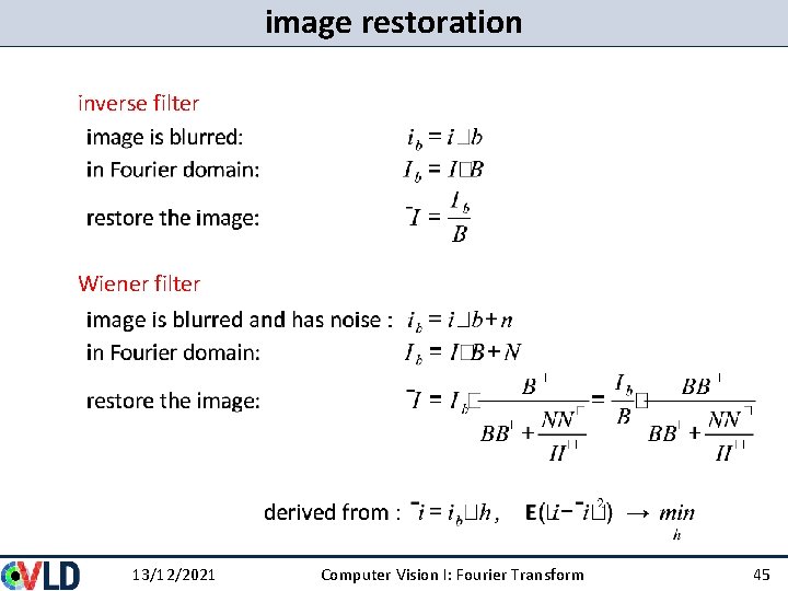 image restoration inverse filter Wiener filter 13/12/2021 Computer Vision I: Fourier Transform 45 