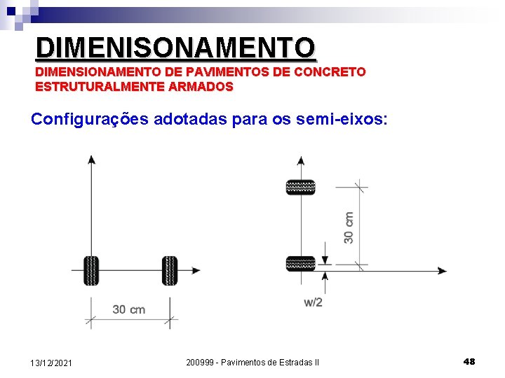 DIMENISONAMENTO DIMENSIONAMENTO DE PAVIMENTOS DE CONCRETO ESTRUTURALMENTE ARMADOS Configurações adotadas para os semi-eixos: 13/12/2021