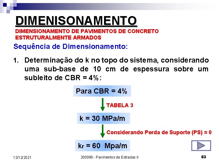 DIMENISONAMENTO DIMENSIONAMENTO DE PAVIMENTOS DE CONCRETO ESTRUTURALMENTE ARMADOS Sequência de Dimensionamento: 1. Determinação do