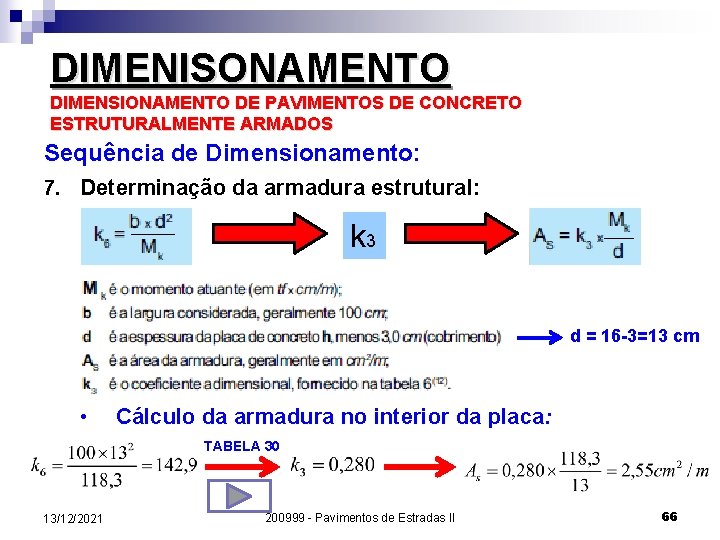 DIMENISONAMENTO DIMENSIONAMENTO DE PAVIMENTOS DE CONCRETO ESTRUTURALMENTE ARMADOS Sequência de Dimensionamento: 7. Determinação da