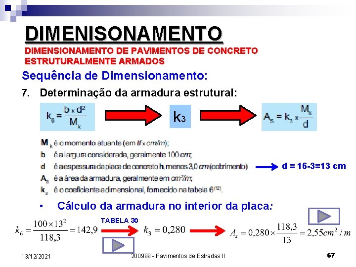 DIMENISONAMENTO DIMENSIONAMENTO DE PAVIMENTOS DE CONCRETO ESTRUTURALMENTE ARMADOS Sequência de Dimensionamento: 7. Determinação da