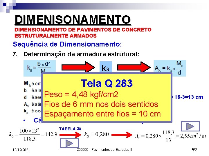 DIMENISONAMENTO DIMENSIONAMENTO DE PAVIMENTOS DE CONCRETO ESTRUTURALMENTE ARMADOS Sequência de Dimensionamento: 7. Determinação da