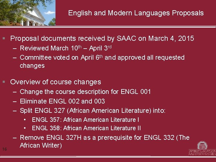 English and Modern Languages Proposals § Proposal documents received by SAAC on March 4,