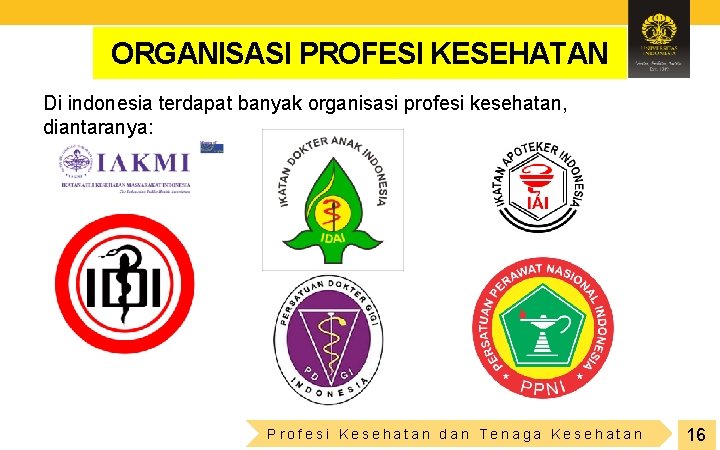 ORGANISASI PROFESI KESEHATAN Di indonesia terdapat banyak organisasi profesi kesehatan, diantaranya: Profesi Kesehatan dan