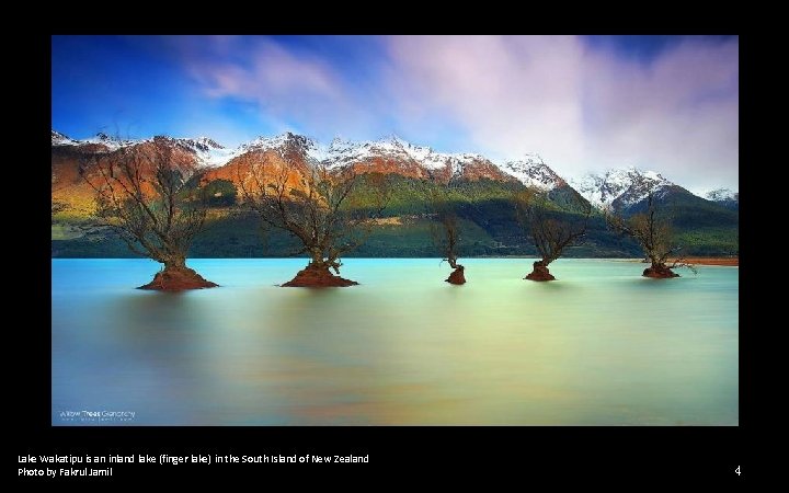 Lake Wakatipu is an inland lake (finger lake) in the South Island of New