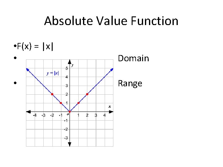 Absolute Value Function • F(x) = |x| • Domain • Range 
