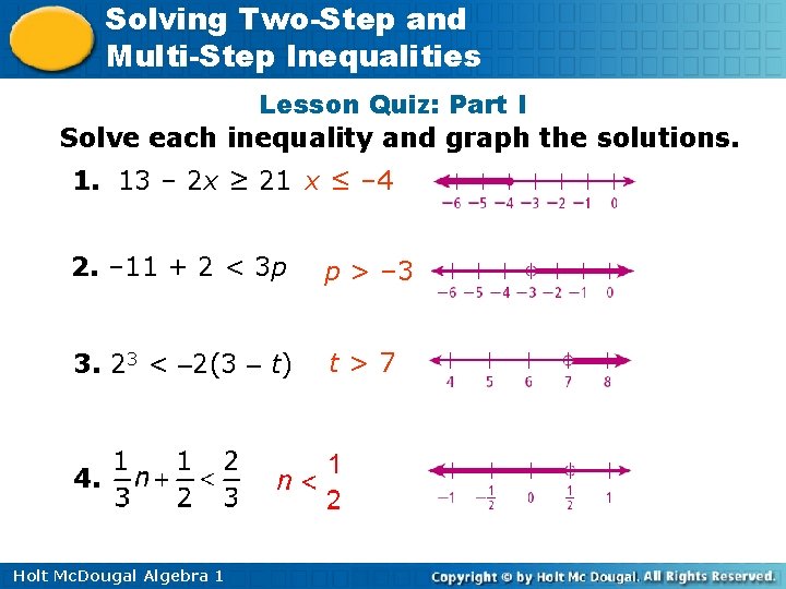 Solving Two-Step and Multi-Step Inequalities Lesson Quiz: Part I Solve each inequality and graph