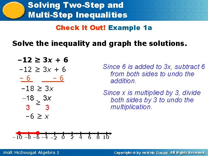 Solving Two-Step and Multi-Step Inequalities Check It Out! Example 1 a Solve the inequality