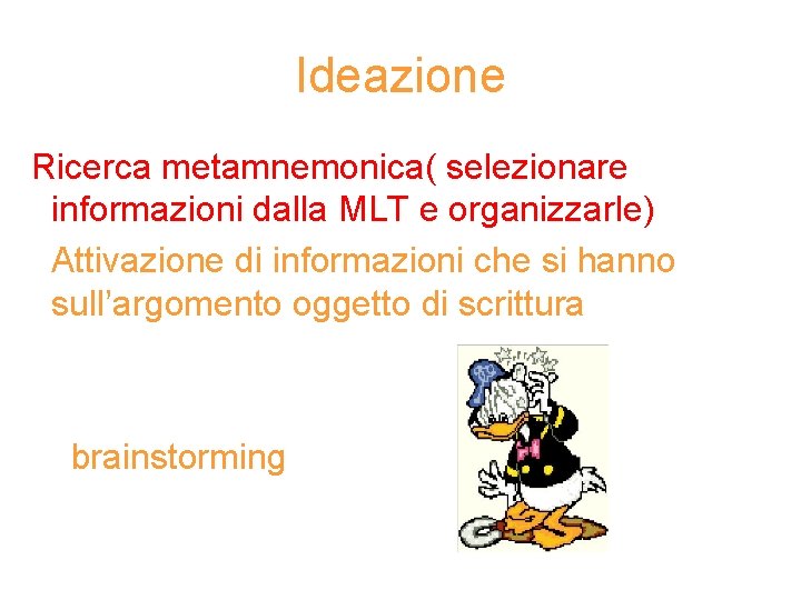 Ideazione Ricerca metamnemonica( selezionare informazioni dalla MLT e organizzarle) Attivazione di informazioni che si