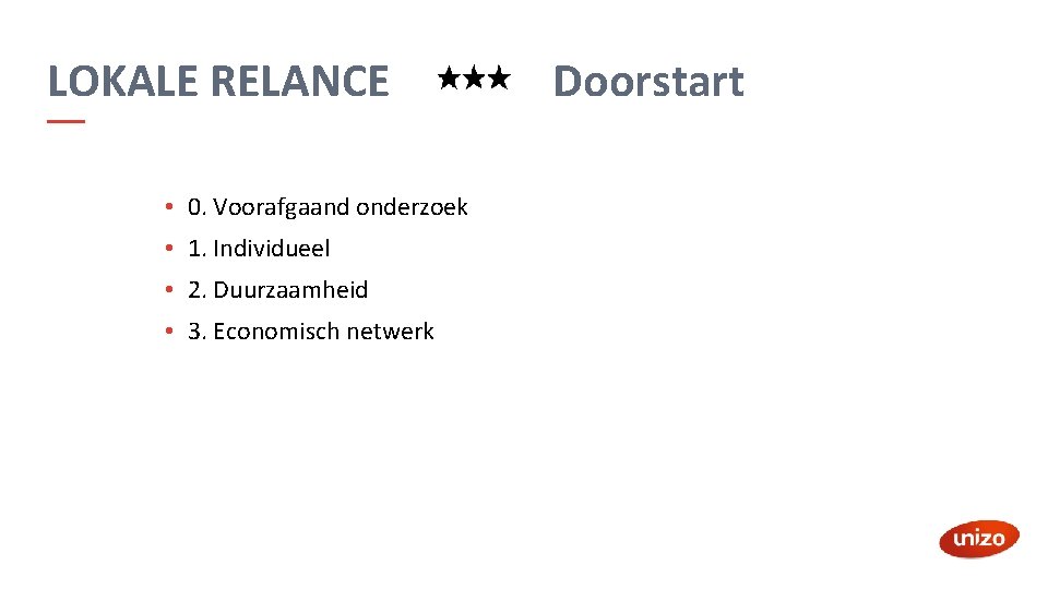 LOKALE RELANCE • 0. Voorafgaand onderzoek • 1. Individueel • 2. Duurzaamheid • 3.