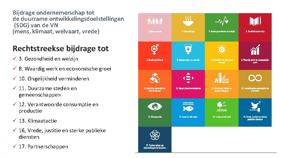 Bijdrage ondernemerschap tot de duurzame ontwikkelingsdoelstellingen (SDG) van de VN (mens, klimaat, welvaart, vrede)