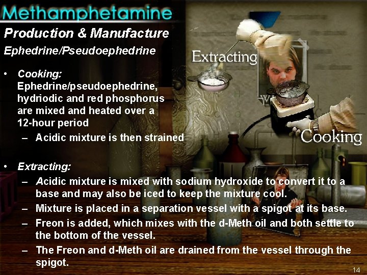 Production & Manufacture Ephedrine/Pseudoephedrine • Cooking: Ephedrine/pseudoephedrine, hydriodic and red phosphorus are mixed and