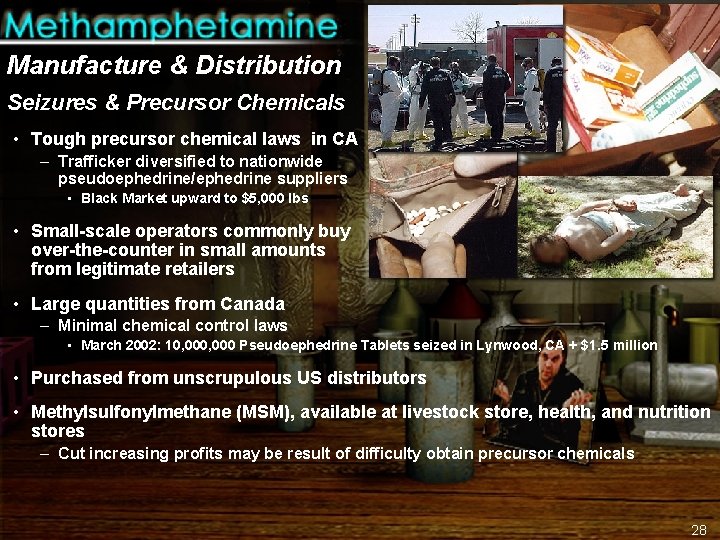 Manufacture & Distribution Seizures & Precursor Chemicals • Tough precursor chemical laws in CA