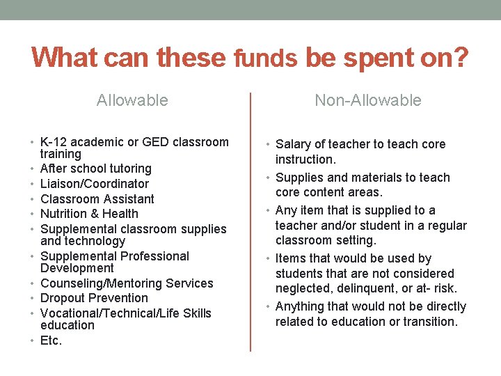 What can these funds be spent on? Allowable • K-12 academic or GED classroom What can these funds be spent on? Allowable • K-12 academic or GED classroom