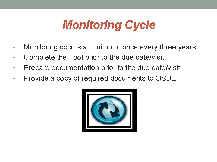 Monitoring Cycle • • Monitoring occurs a minimum, once every three years. Complete the Monitoring Cycle • • Monitoring occurs a minimum, once every three years. Complete the