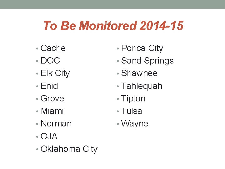 To Be Monitored 2014 -15 • Cache • Ponca City • DOC • Sand To Be Monitored 2014 -15 • Cache • Ponca City • DOC • Sand