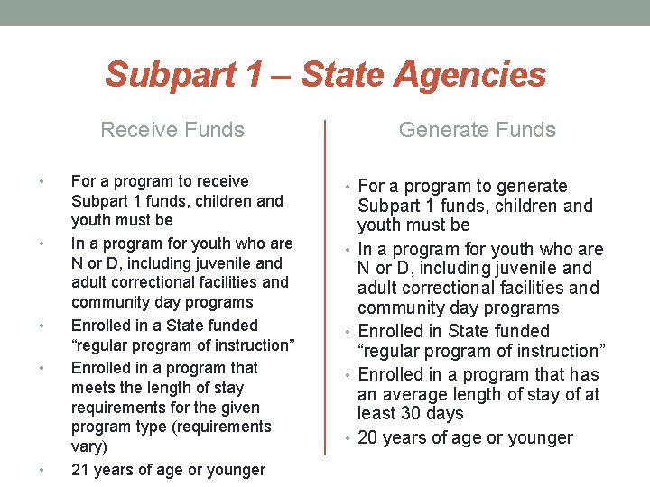 Subpart 1 – State Agencies Receive Funds • • • For a program to Subpart 1 – State Agencies Receive Funds • • • For a program to