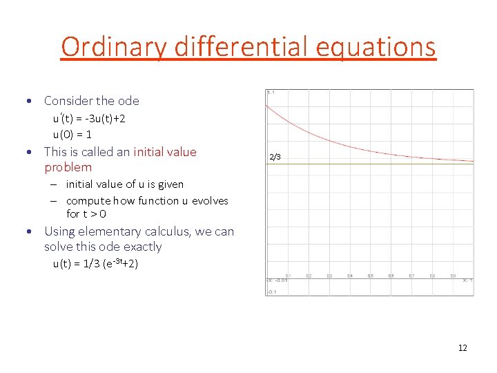 Ordinary differential equations • Consider the ode u‘(t) = -3 u(t)+2 u(0) = 1