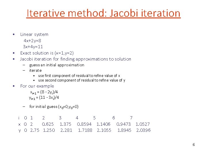 Iterative method: Jacobi iteration • Linear system 4 x+2 y=8 3 x+4 y=11 •
