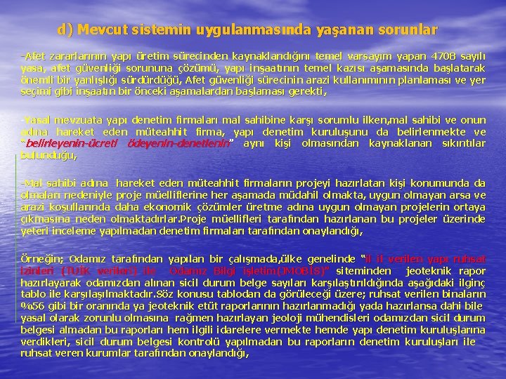 d) Mevcut sistemin uygulanmasında yaşanan sorunlar -Afet zararlarının yapı üretim sürecinden kaynaklandığını temel varsayım