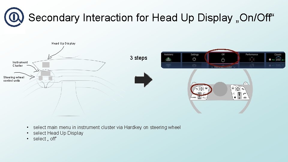 Secondary Interaction for Head Up Display „On/Off“ Head Up Display Instrument Cluster 3 steps
