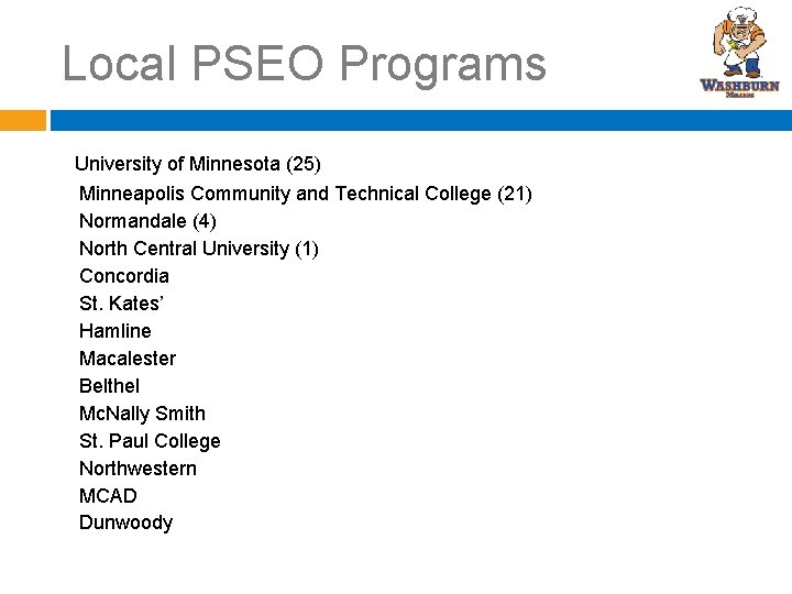 Local PSEO Programs University of Minnesota (25) Minneapolis Community and Technical College (21) Normandale