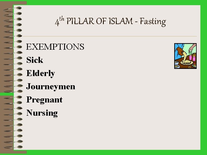 4 th PILLAR OF ISLAM - Fasting EXEMPTIONS Sick Elderly Journeymen Pregnant Nursing 