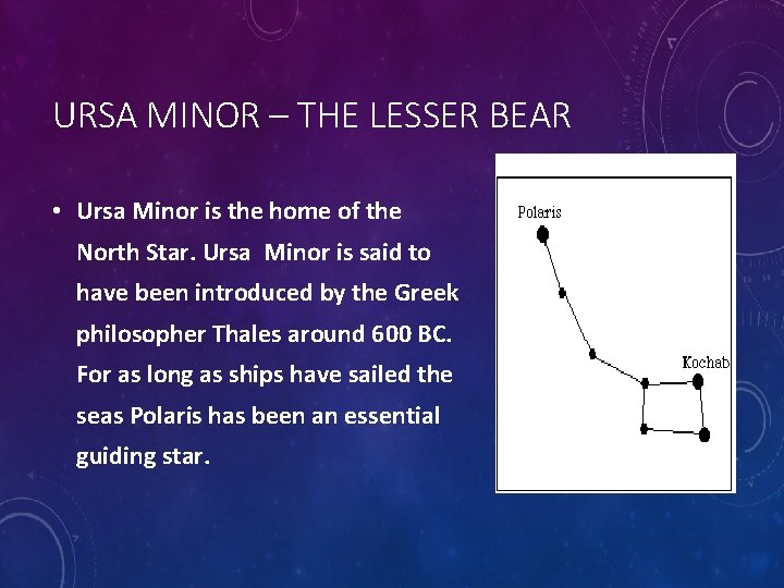 URSA MINOR – THE LESSER BEAR • Ursa Minor is the home of the