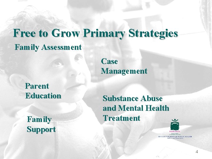 Free to Grow Primary Strategies Family Assessment Case Management Parent Education Family Support Substance